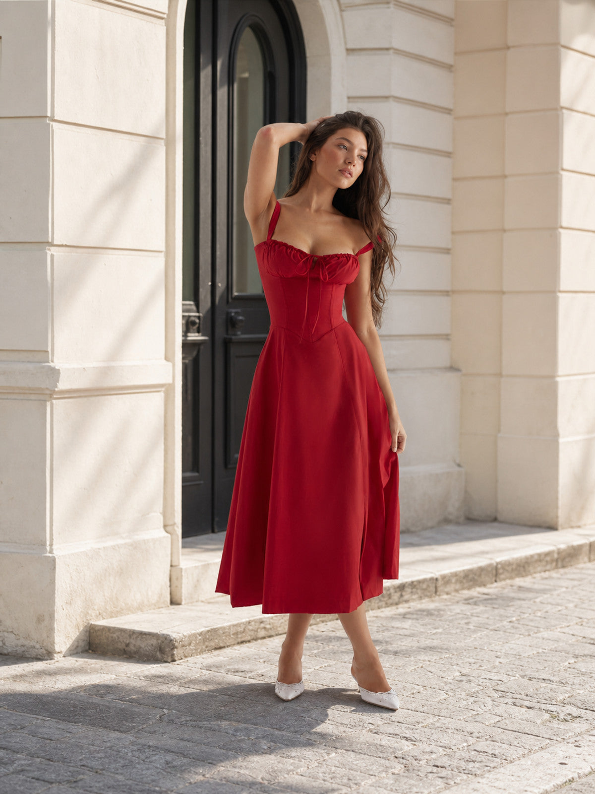 Women's Red Midi Dress with a Fitted Bodice