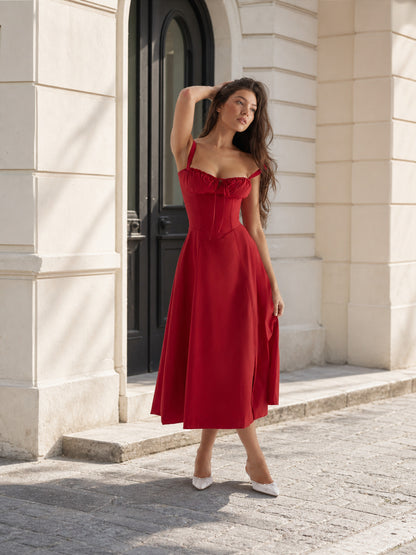Women's Red Midi Dress with a Fitted Bodice