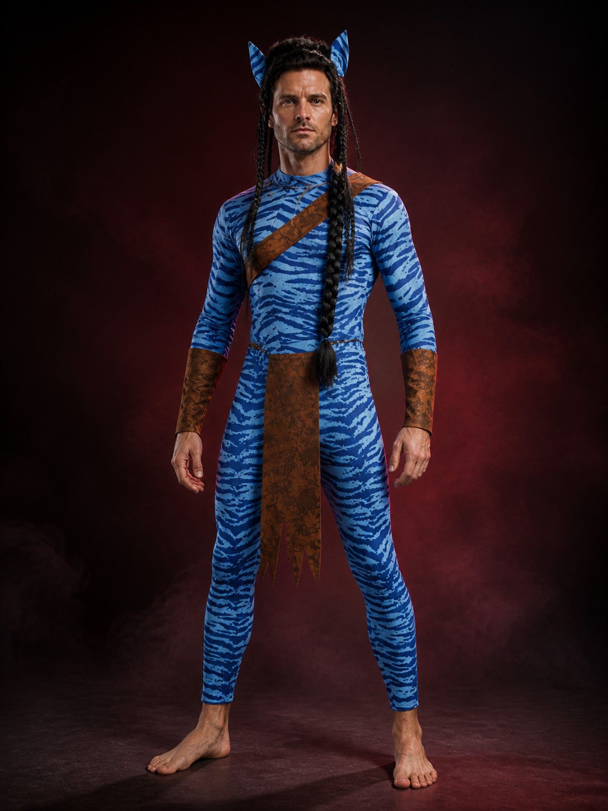 Blue Striped Alien Bodysuit Costume with Brown Panels for Adults Halloween main product view