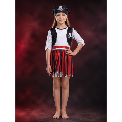 Kids Pirate Costume Set, White Top with Black Vest and Red Black Striped Skirt main product view