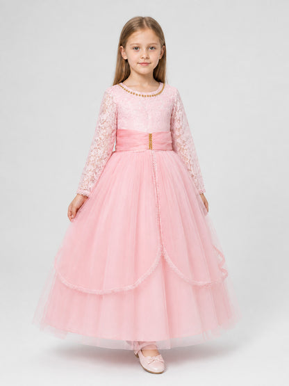 Girls' Pink Lace Dress with a Full Skirt