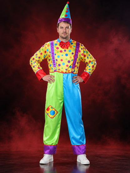 Adult Clown Costume: Jumpsuit, Hat, Polka Dots