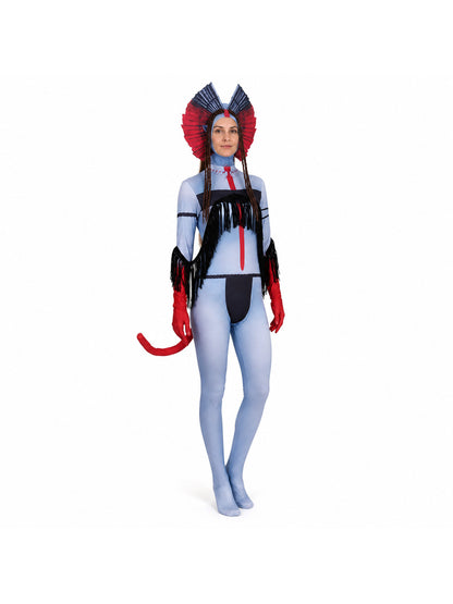 Stage Cosplay Jumpsuit with Mask, Red, Blue, and Black Costume Masks detail