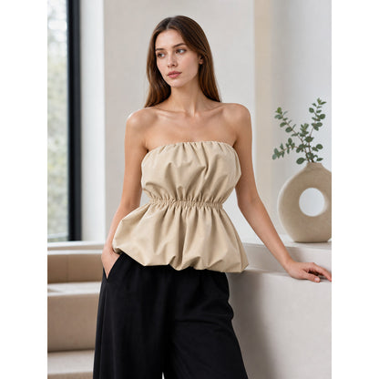 Strapless Peplum Bustier Top, Beige