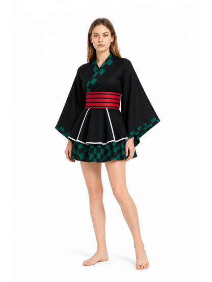 Black Cosplay Dress with White Trim and Checkered Pattern