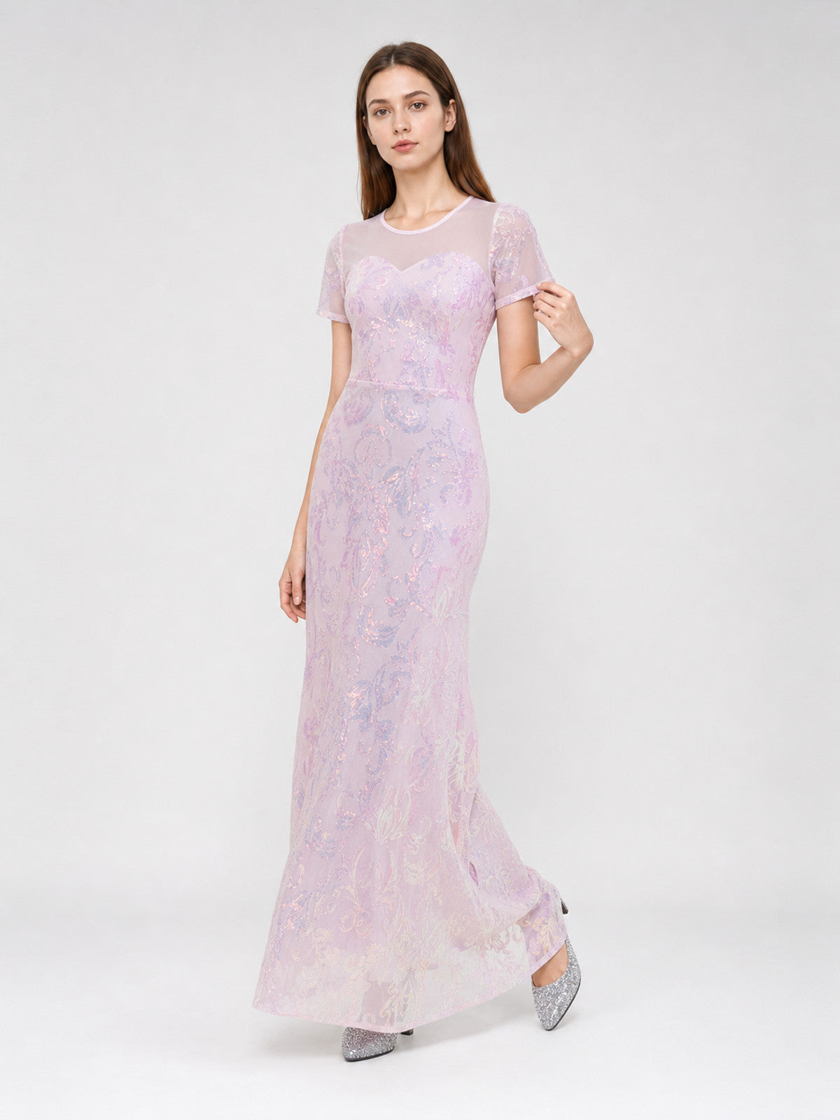 Floor-Length Evening Dress with Sequined Floral Pattern Costume Dresses detail