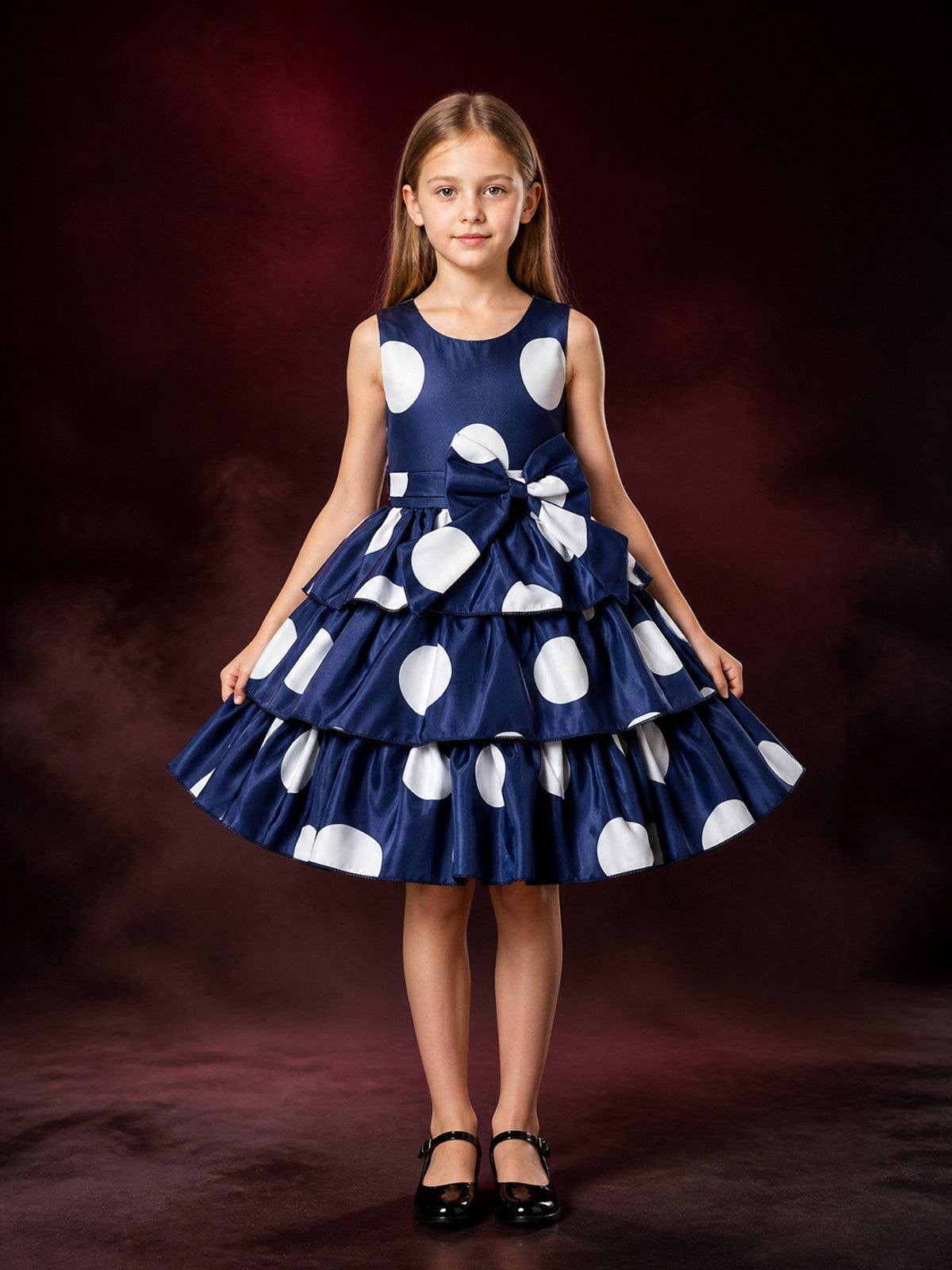 Girls' Navy Polka Dot Princess Dress with Bow and Layered Ruffle Skirt main product view