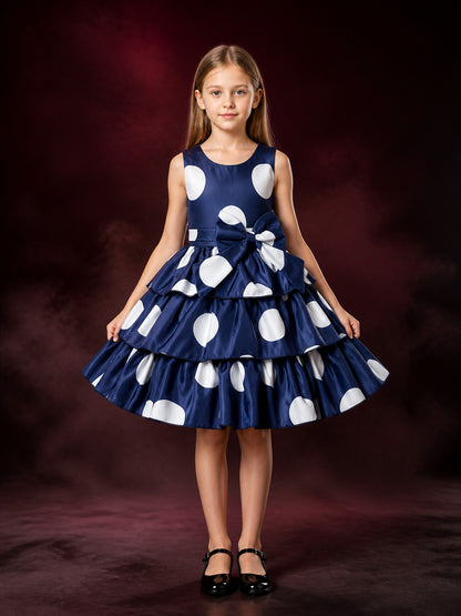 Girls' Navy Polka Dot Princess Dress with Bow and Layered Ruffle Skirt main product view