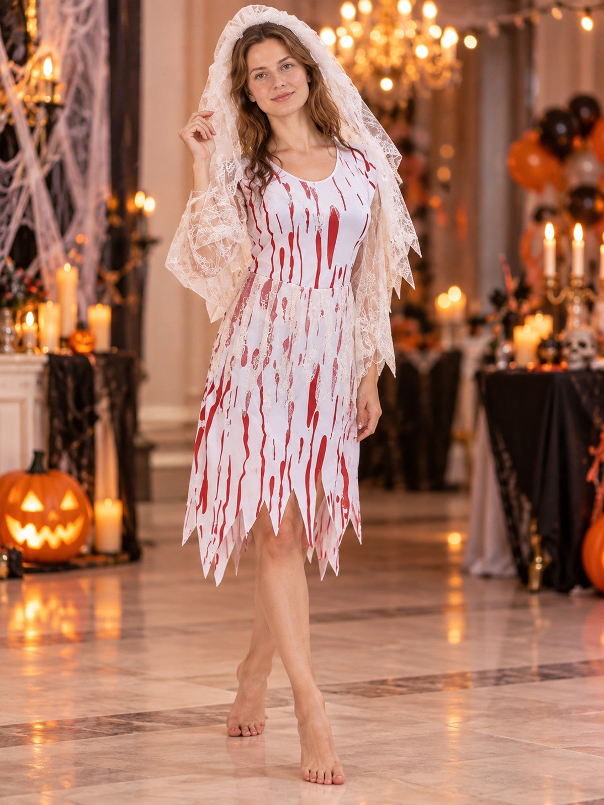 Carnival Costume with Dress, Veil, and Red Stains
