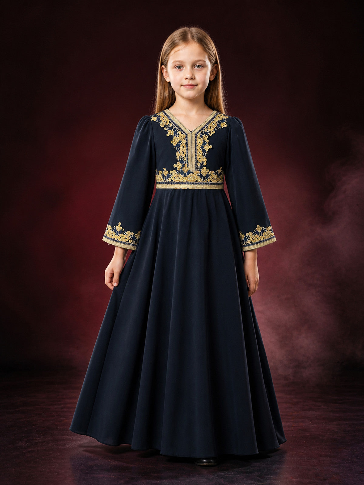 Girls' Navy Blue Princess Dress, Long Sleeve Gold Embroidered Formal Gown