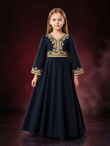 Girls' Navy Blue Princess Dress, Long Sleeve Gold Embroidered Formal Gown