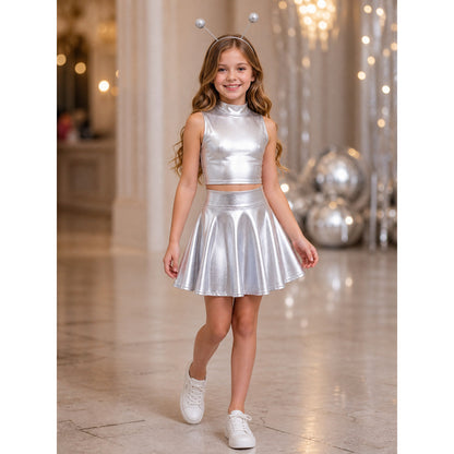 Silver stage costume: top, skirt, and headband