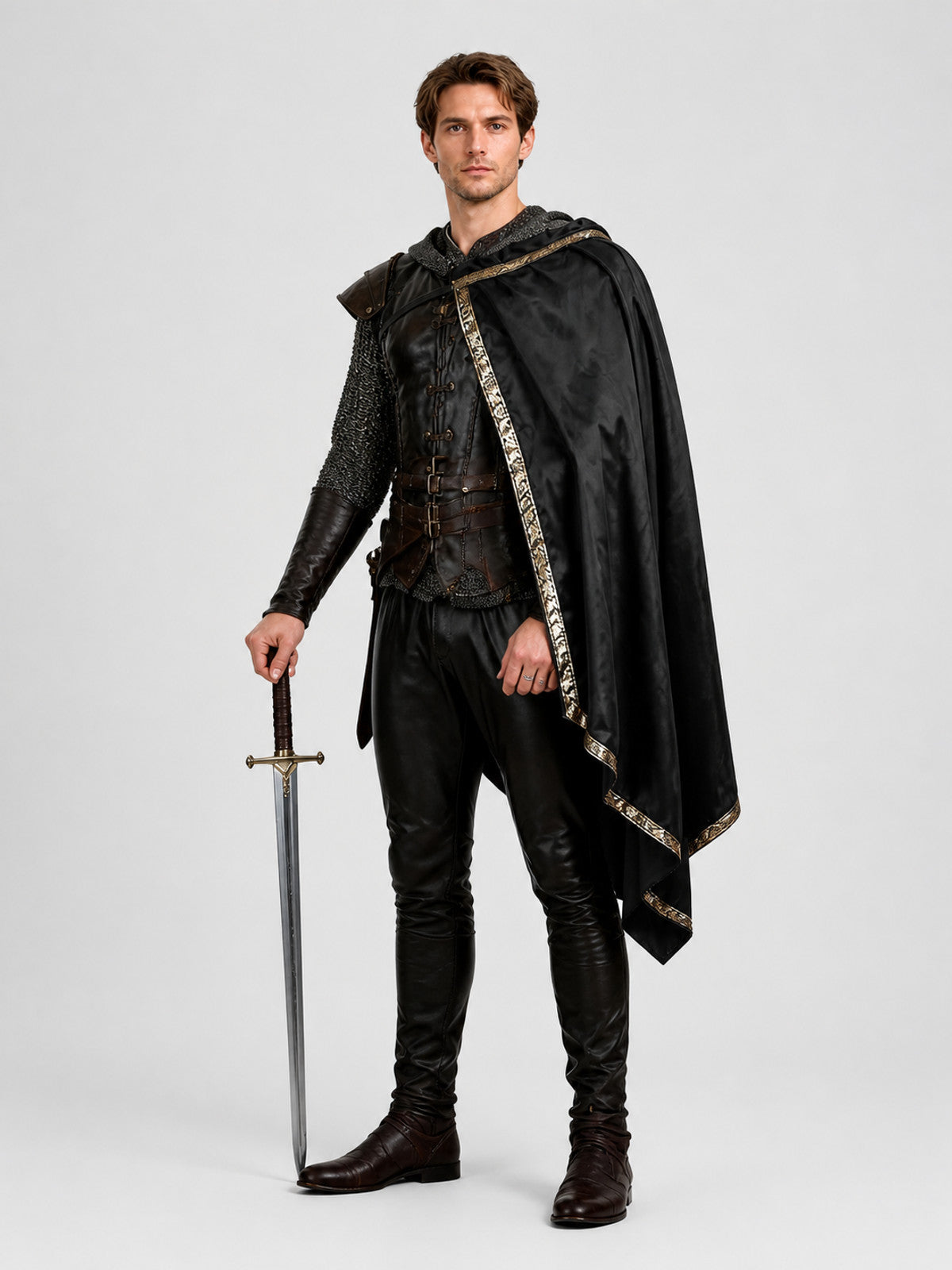 Black Medieval Costume with Asymmetrical Cape