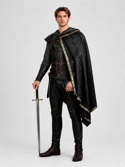 Black Medieval Costume with Asymmetrical Cape