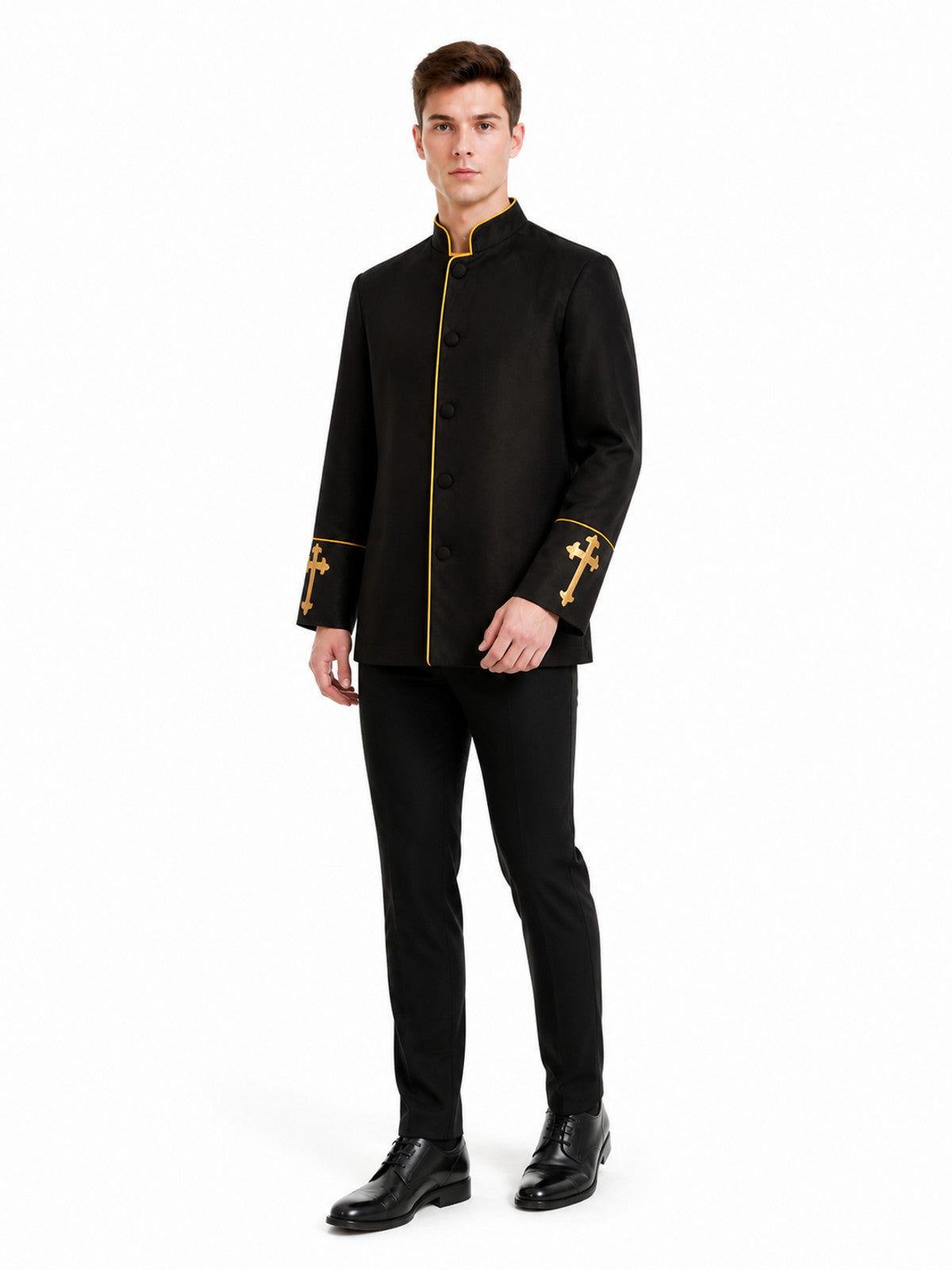 Stand-Collar Jacket with Gold Trim and Crosses
