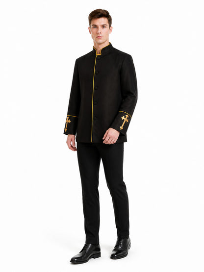 Stand-Collar Jacket with Gold Trim and Crosses