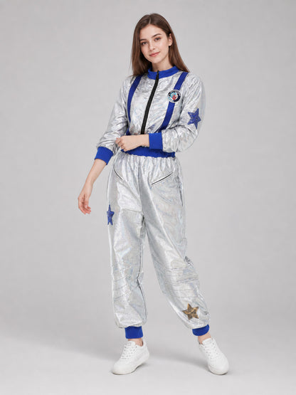 Silver Space-Themed Carnival Jumpsuit Costumes detail