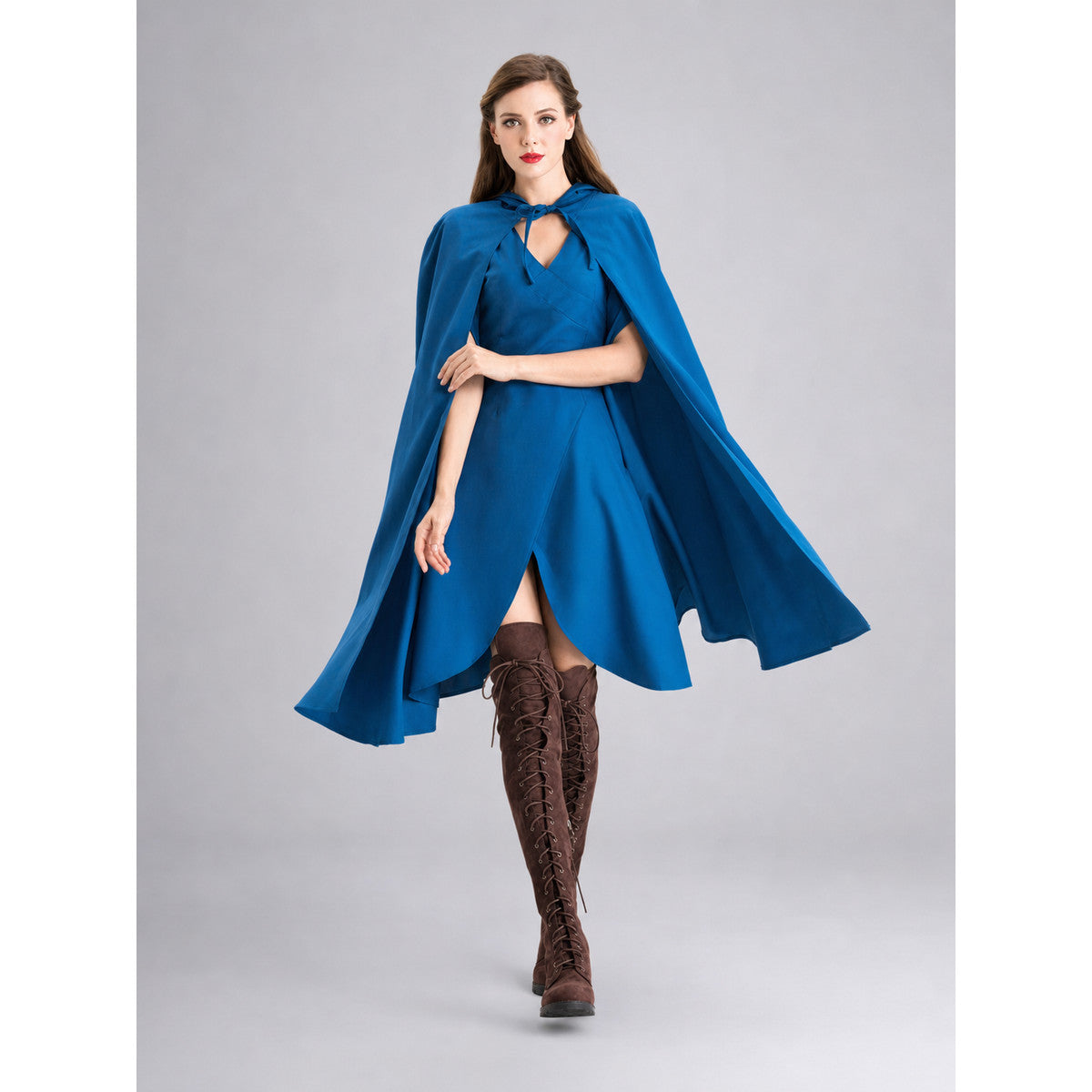 Vampire Costume with a Long Blue Dress and Cape on-model front view