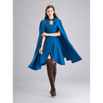 Vampire Costume with a Long Blue Dress and Cape on-model front view