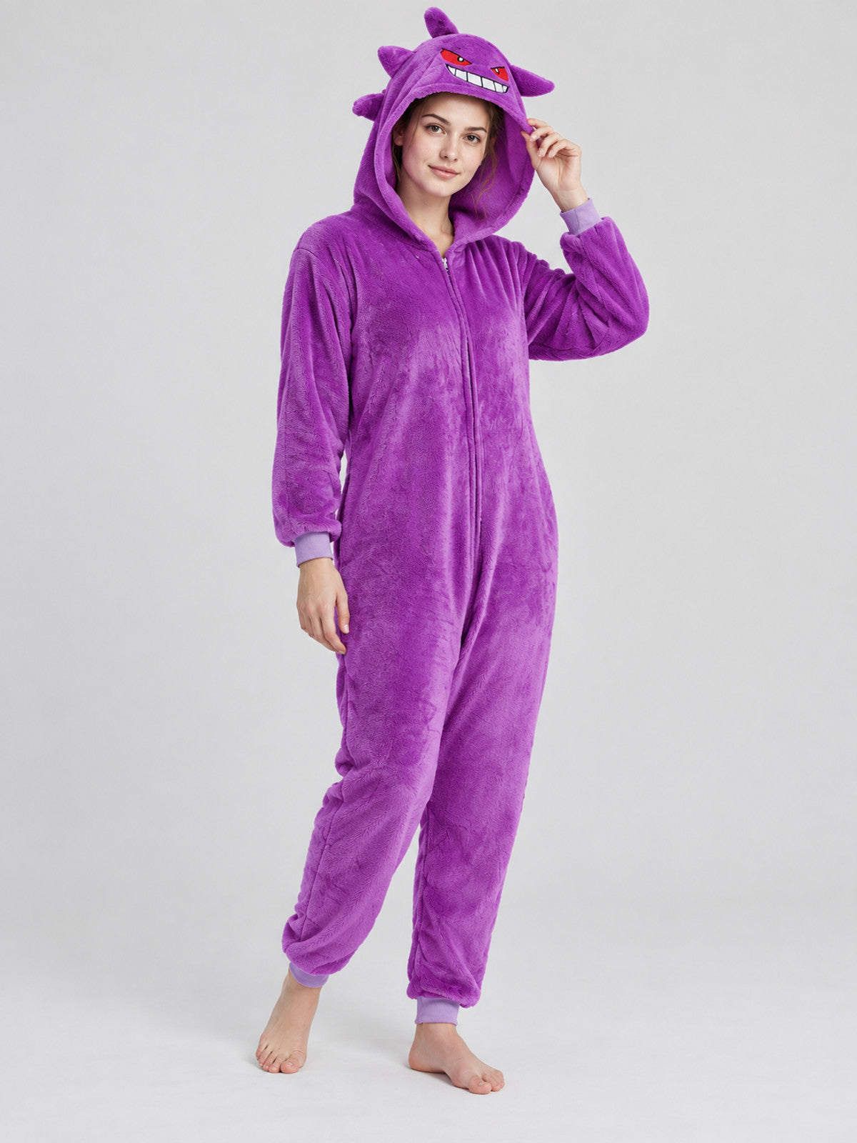 Purple Hooded Jumpsuit Pajamas with Cartoon Face