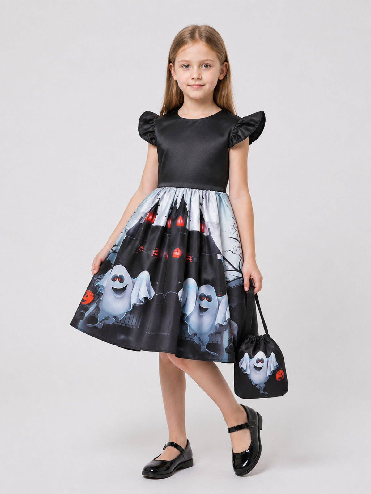 Halloween Printed Dress with Full Skirt and Handbag Costume Dresses detail