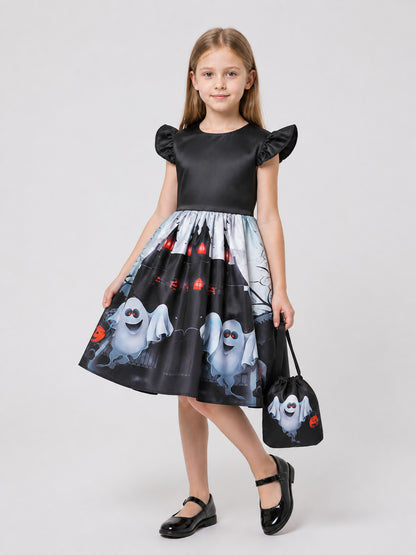 Halloween Printed Dress with Full Skirt and Handbag Costume Dresses detail
