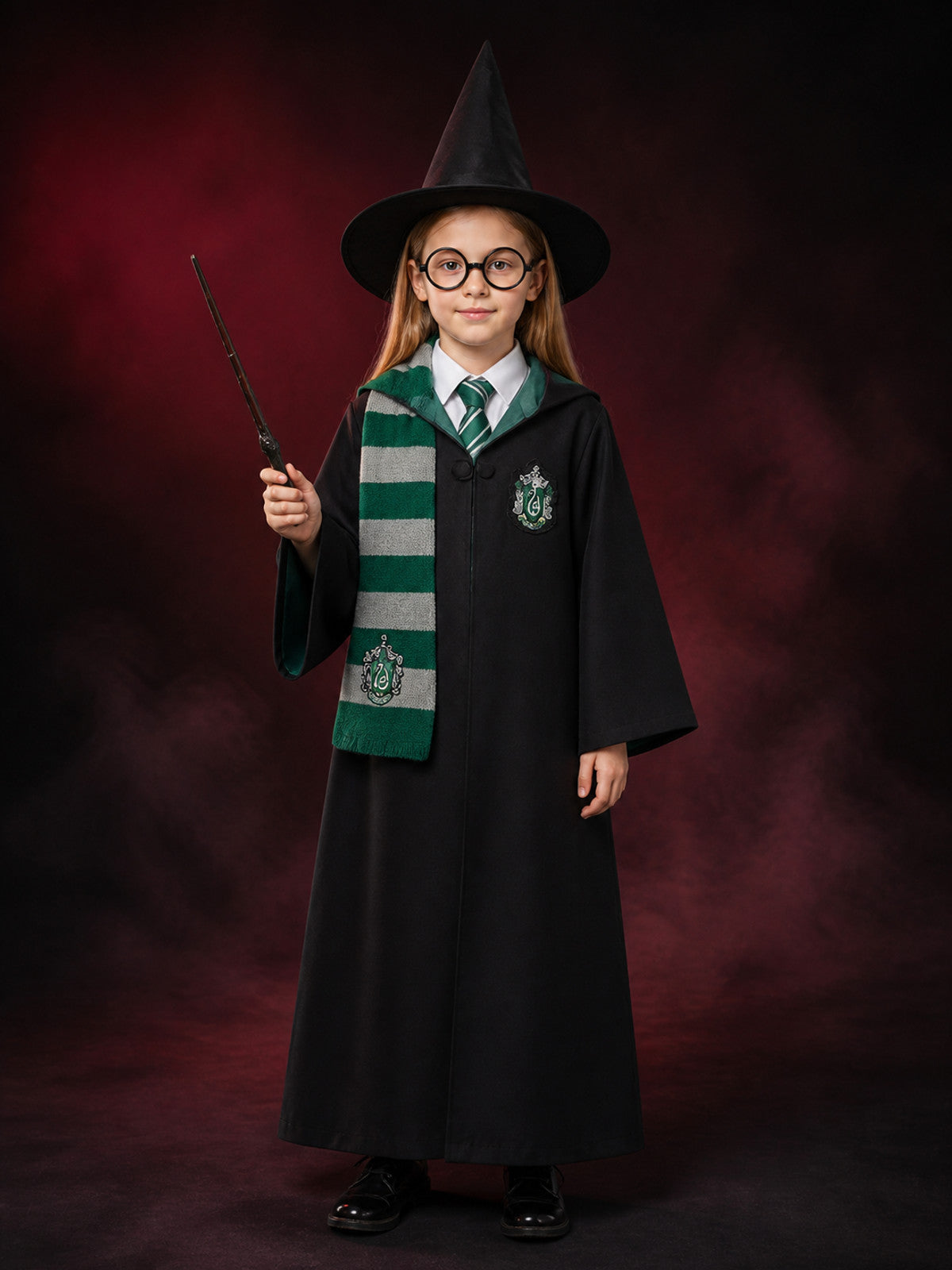 Green And Silver Wizard Robe Costume Set, 7-Piece Cosplay Outfit With Hat, Scarf main product view