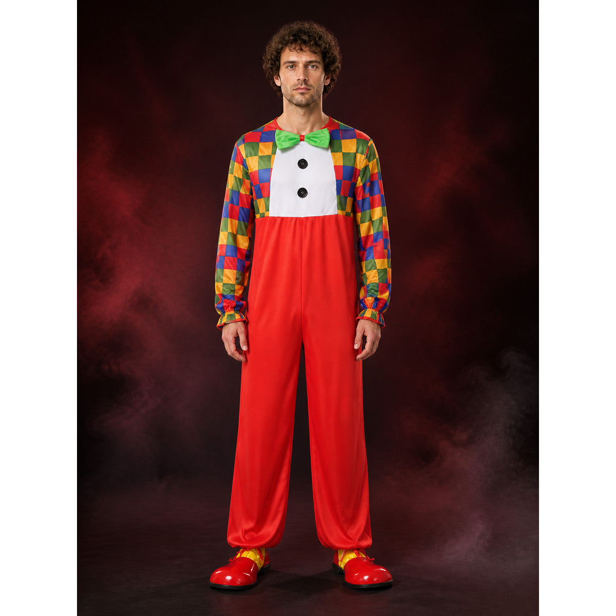 Adult Clown Jumpsuit Costume with Colorful Checkered Print and Bow Tie main product view