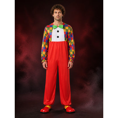 Adult Clown Jumpsuit Costume with Colorful Checkered Print and Bow Tie main product view