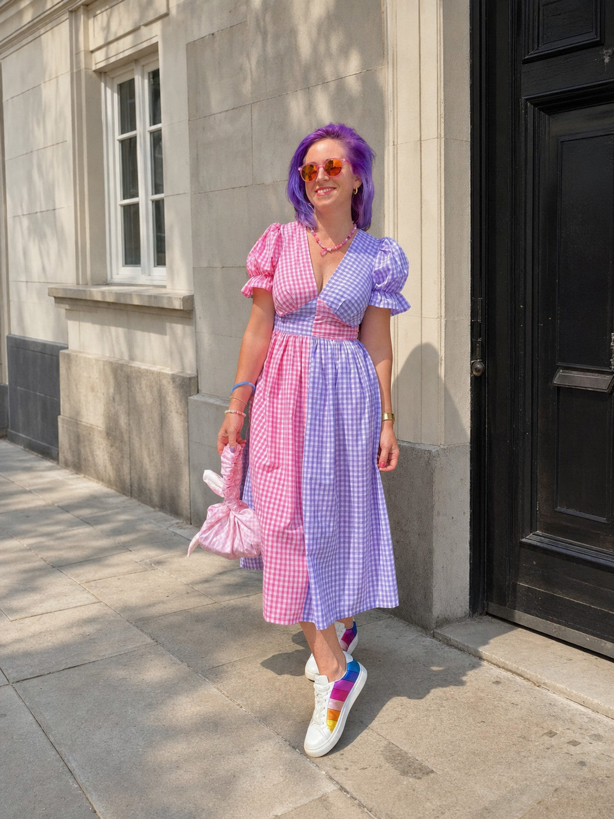 Midi Dress with a V-Neckline, Waist Emphasis, and Puff Sleeves