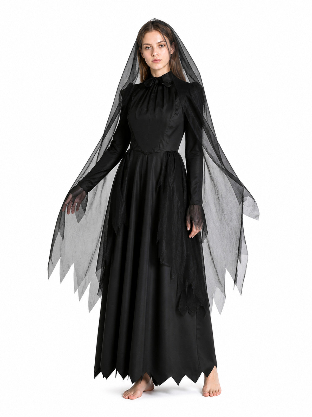 Long Black Halloween Dress with Veil Costume Dresses detail