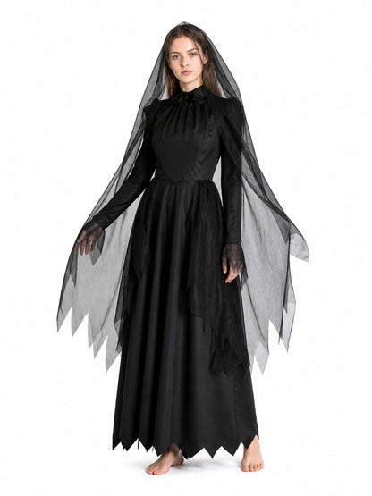 Long Black Halloween Dress with Veil Costume Dresses detail