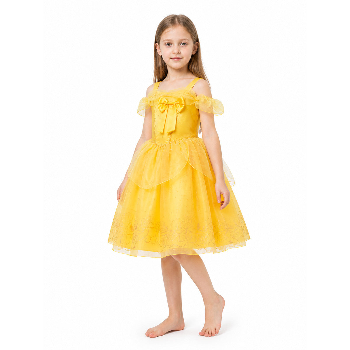 Yellow Puffy Princess Dress with Bow and Embroidery Costume Dresses detail