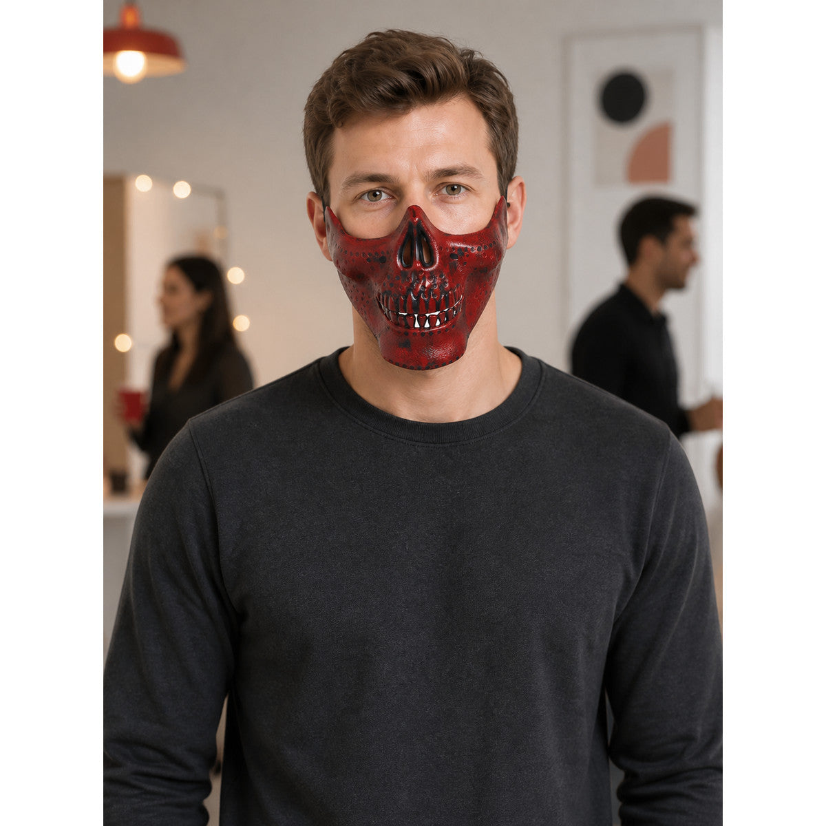 Red-and-Black Skull Half-Mask Halloween Mask lifestyle