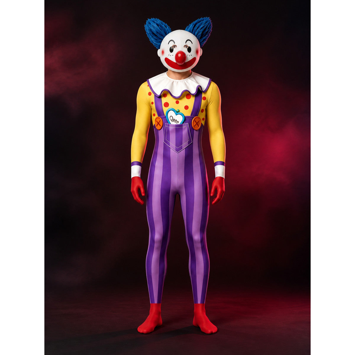 Giggling Clown Jumpsuit, Purple Striped Bib Overalls with Ruffled Collar main product view
