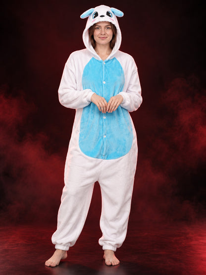 White and Blue Flannel Hooded Pajama Jumpsuit