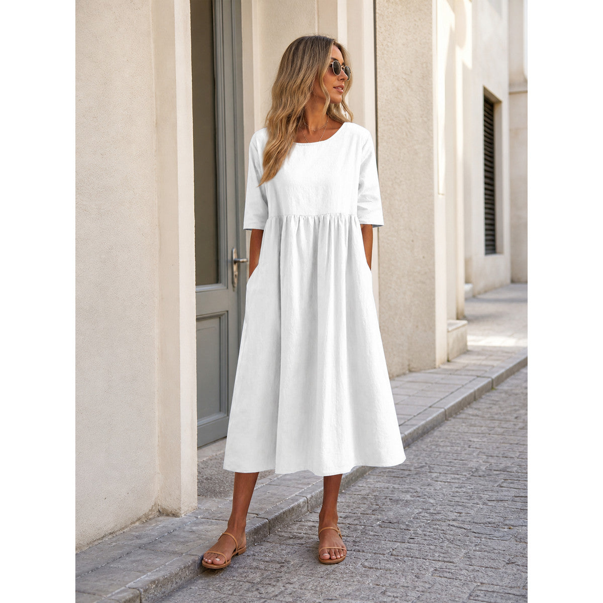 White Long Loose-Fit Dress with a Round Neckline