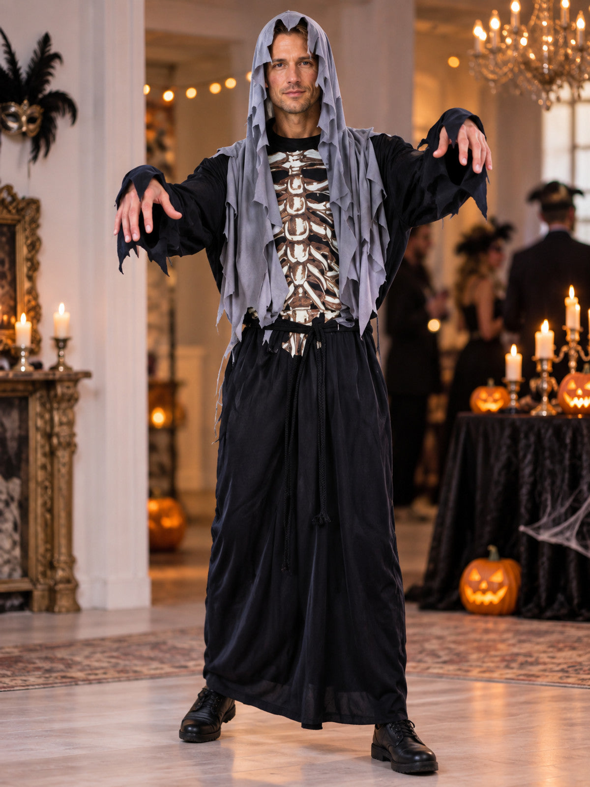 Vampire Halloween Costume with Hood and Skeleton Print