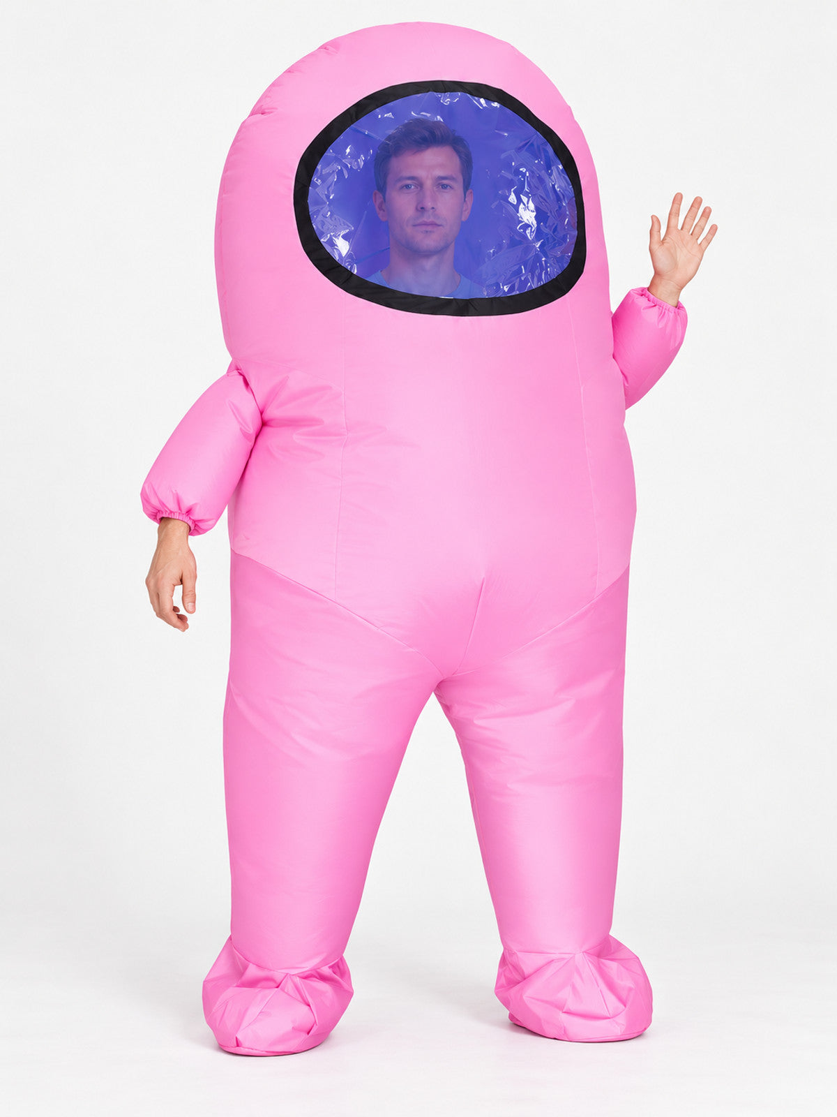 Pink inflatable costume with oval window and black trim