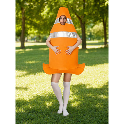 Full-body outdoor photo of a model wearing an orange cone costume with silver bands and white thigh-high socks
