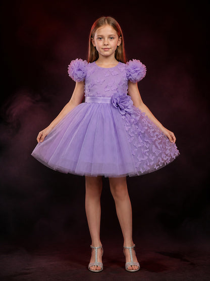 Girls' Light Purple Butterfly Princess Dress, 3D Flower Mesh Tutu Outfit main product view