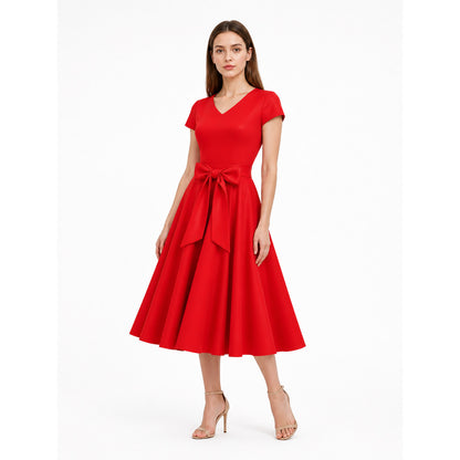 Red Dress with a V-Neck, Bow, and Ribbon Costume Dresses detail