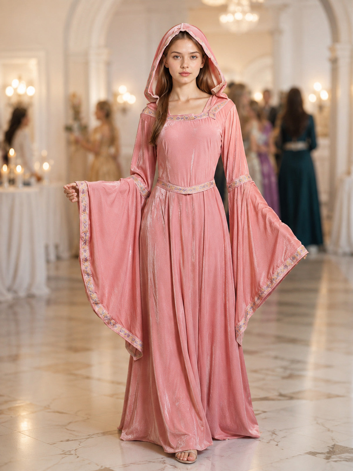 Medieval-Style Hooded Dress with Belt lifestyle view