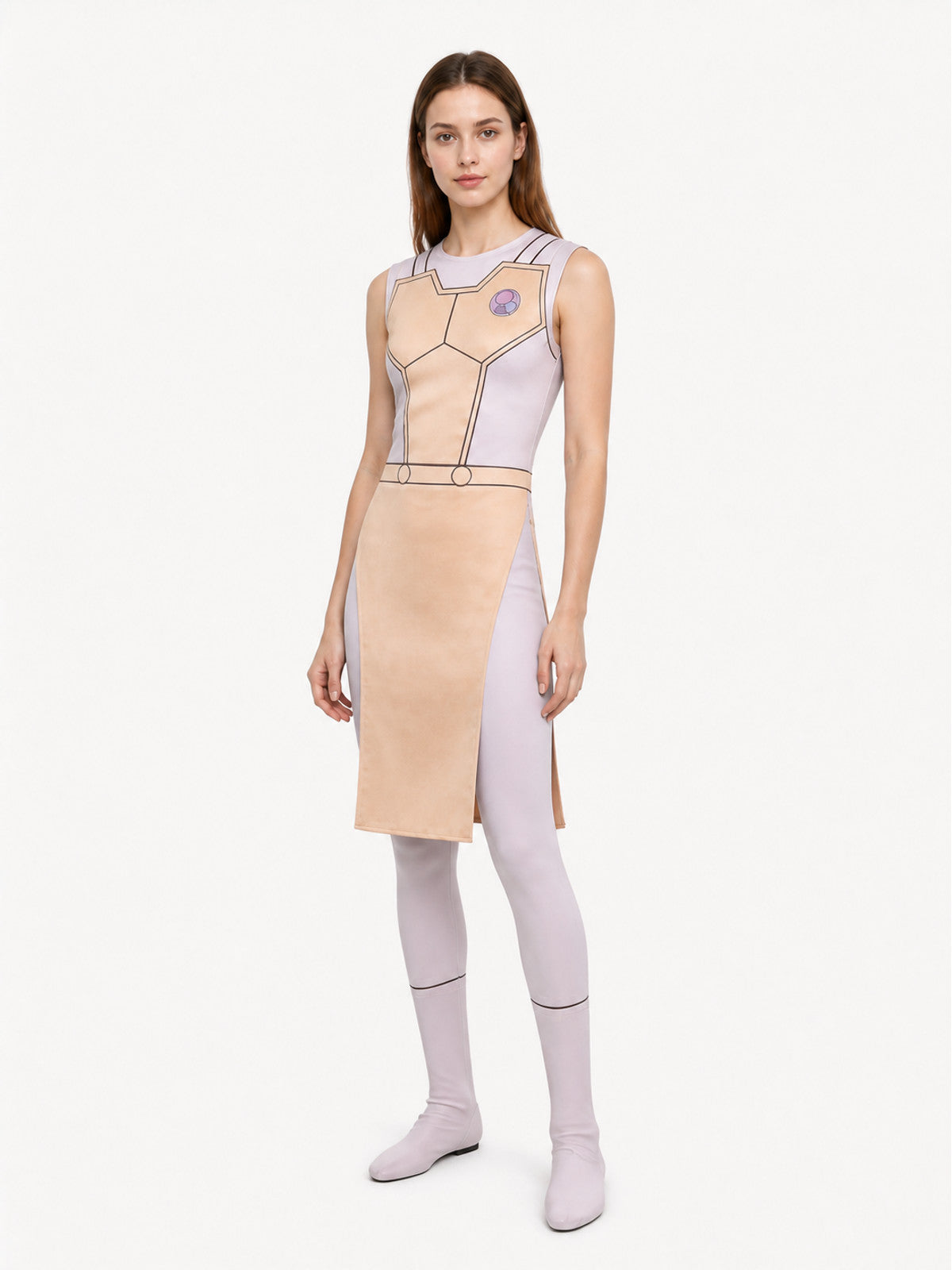 Beige Sleeveless Dress with Geometric Print