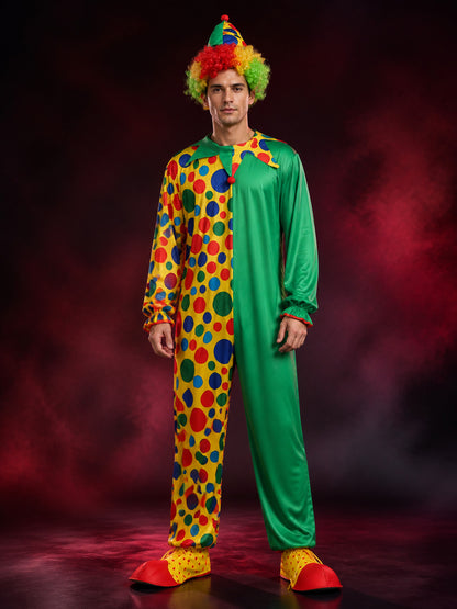 Unisex Adult Clown Jumpsuit Costume with Hat, Polka Dot Print & Color Block