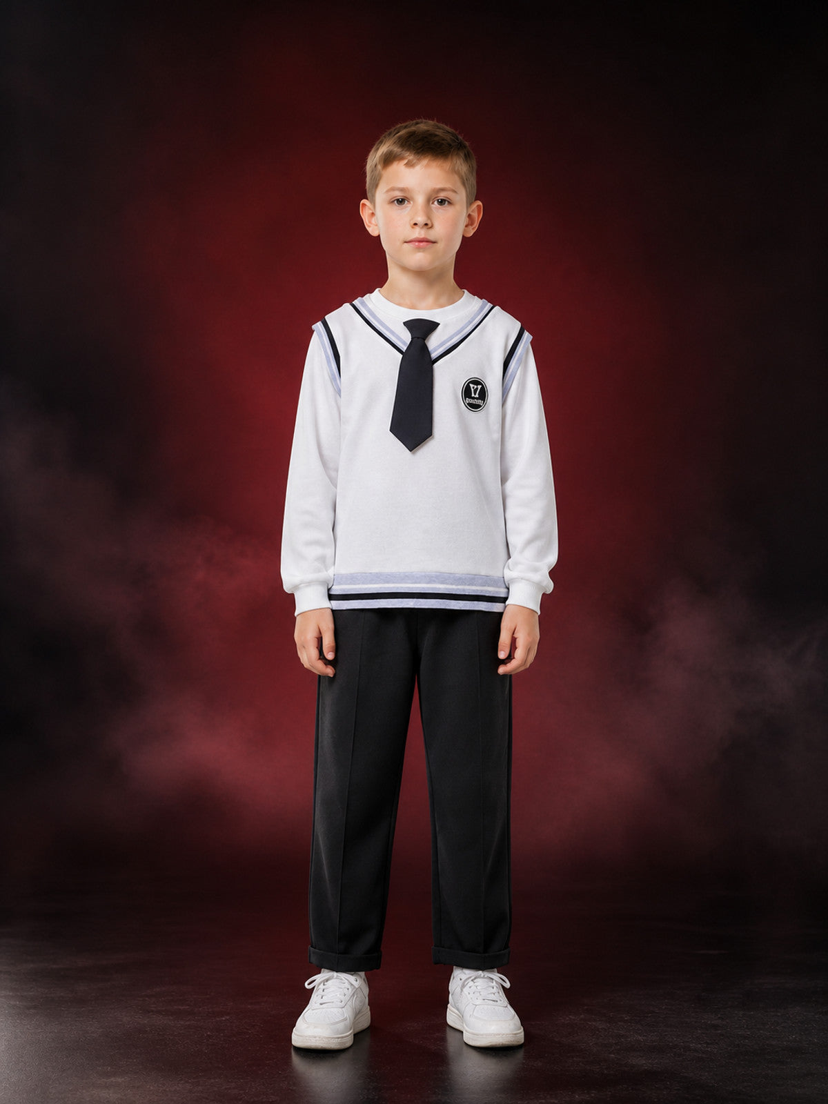 Wizard School Costume Set for Kids, White Sailor Collar Long Sleeve Top & Black main product view