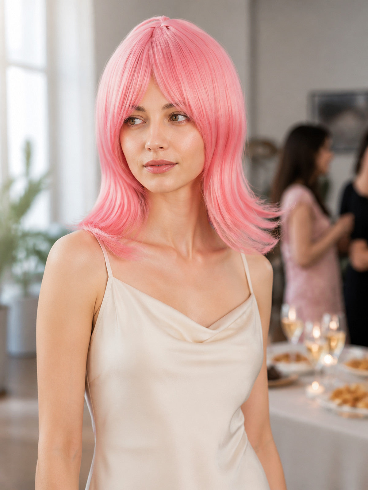Pink Cosplay Wig with Bangs and Curled Ends lifestyle view