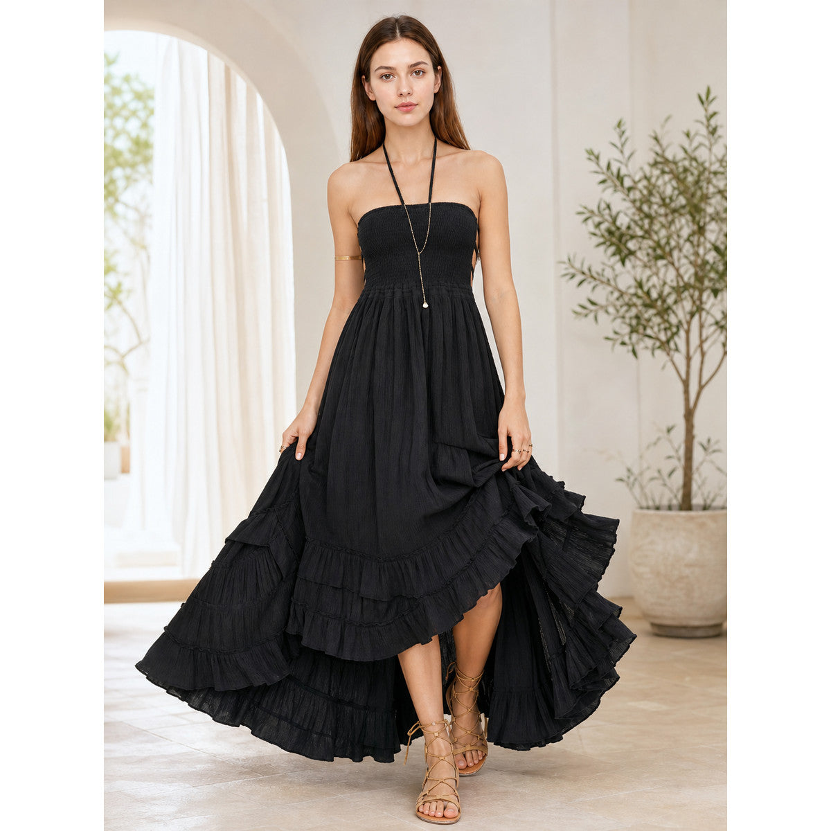 Long Boho-Style Maxi Dress with Open Back