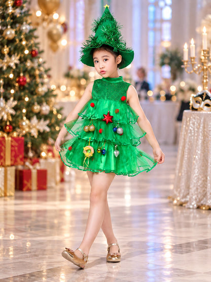 Green Children's Christmas Tree Dress for Performances lifestyle view