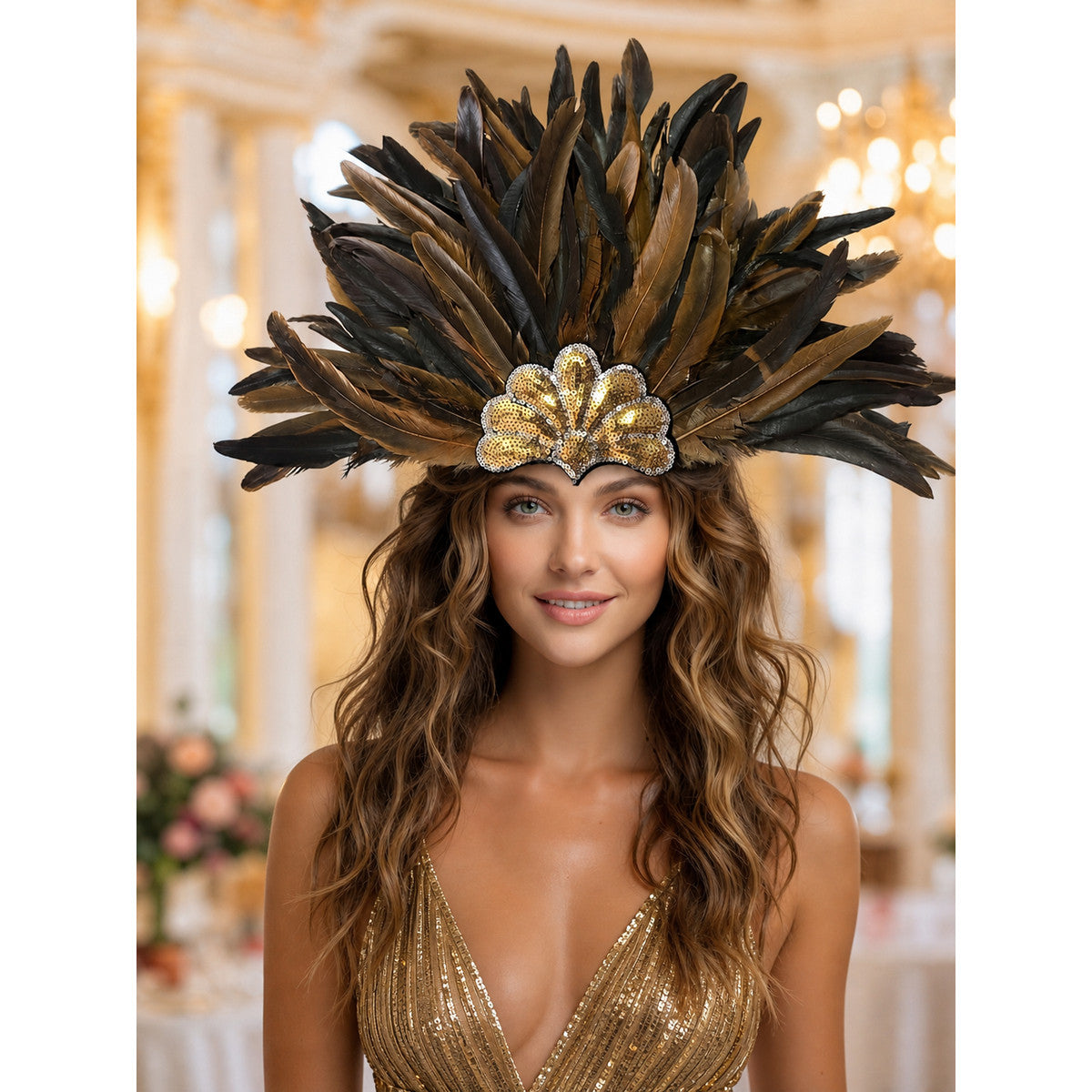 Feather headpiece with dark brown feathers and a gold sequined center, worn by a model in a formal indoor setting